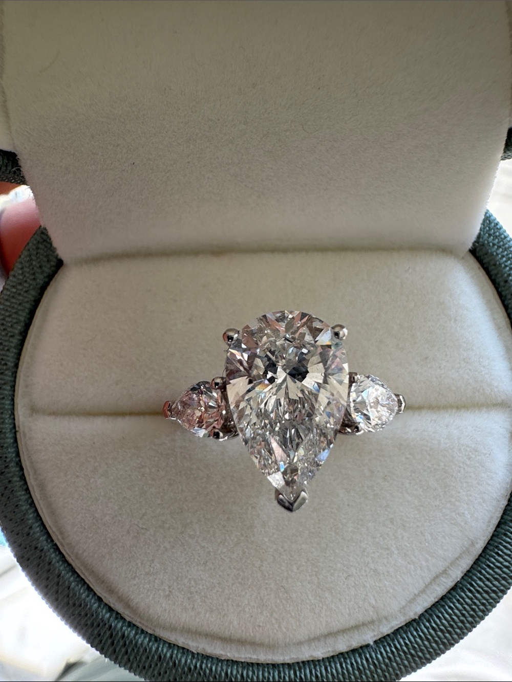 3.04 Carat center Pear-Shaped lab diamond Three-Stone Ring set in platinum. NEW